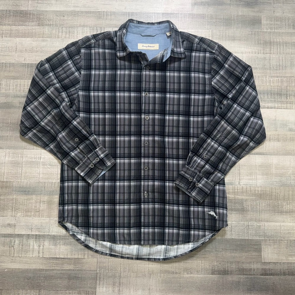 Tommy Bahama Plaid Button Down Flannel Shirt Medium Men's Black White Cotton